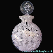 Load image into Gallery viewer, Large Vintage Clear Glass Perfume Bottle with Embedded Lilac Latticino Twists. Unsigned
