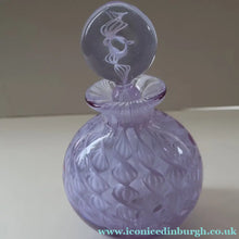 Load image into Gallery viewer, Large Vintage Clear Glass Perfume Bottle with Embedded Lilac Latticino Twists. Unsigned

