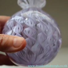 Load image into Gallery viewer, Large Vintage Clear Glass Perfume Bottle with Embedded Lilac Latticino Twists. Unsigned
