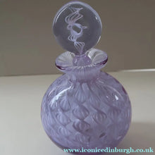 Load image into Gallery viewer, Large Vintage Clear Glass Perfume Bottle with Embedded Lilac Latticino Twists. Unsigned

