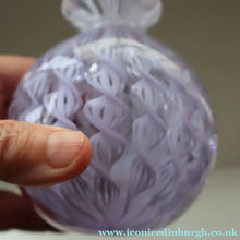 Load image into Gallery viewer, Large Vintage Clear Glass Perfume Bottle with Embedded Lilac Latticino Twists. Unsigned
