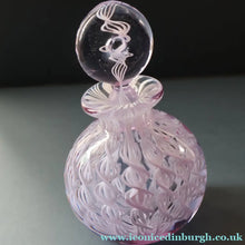 Load image into Gallery viewer, Large Vintage Clear Glass Perfume Bottle with Embedded Lilac Latticino Twists. Unsigned
