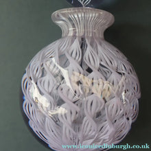 Load image into Gallery viewer, Large Vintage Clear Glass Perfume Bottle with Embedded Lilac Latticino Twists. Unsigned

