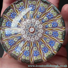 Load image into Gallery viewer, LARGE Vintage Scottish PERTHSHIRE Paperweight. Sugar Pink Ground, 15 Spokes &amp; Millefiori Canes. P Cane in Center
