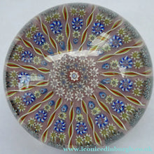 Load image into Gallery viewer, LARGE Vintage Scottish PERTHSHIRE Paperweight. Sugar Pink Ground, 15 Spokes &amp; Millefiori Canes. P Cane in Center
