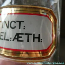 Load image into Gallery viewer, Larger Antique Clear Glass Chemist Bottle. TINCT: LOBEL: AETH with Original Foil Label and Lozenge Stopper
