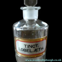 Load image into Gallery viewer, Larger Antique Clear Glass Chemist Bottle. TINCT: LOBEL: AETH with Original Foil Label and Lozenge Stopper
