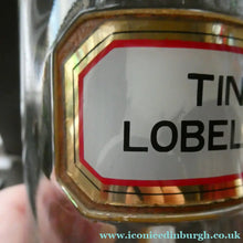 Load image into Gallery viewer, Larger Antique Clear Glass Chemist Bottle. TINCT: LOBEL: AETH with Original Foil Label and Lozenge Stopper

