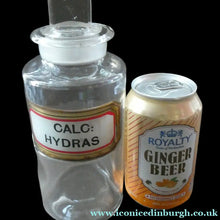 Load image into Gallery viewer, Antique Clear Glass Chemist Bottle. CALC: HYDRAS with Original Foil Label and Lozenge Stopper
