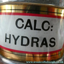 Load image into Gallery viewer, Antique Clear Glass Chemist Bottle. CALC: HYDRAS with Original Foil Label and Lozenge Stopper
