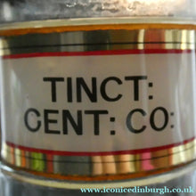 Load image into Gallery viewer, Larger Antique Clear Glass Chemist Bottle. TINCT: CENT: CO: with Original Foil Label and Lozenge Stopper
