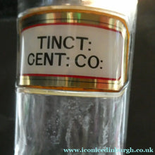 Load image into Gallery viewer, Larger Antique Clear Glass Chemist Bottle. TINCT: CENT: CO: with Original Foil Label and Lozenge Stopper
