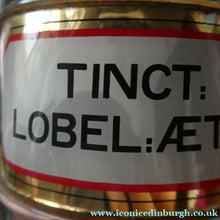 Load image into Gallery viewer, Larger Antique Clear Glass Chemist Bottle. TINCT: LOBEL: AETH with Original Foil Label and Lozenge Stopper
