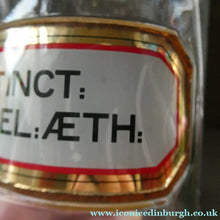 Load image into Gallery viewer, Larger Antique Clear Glass Chemist Bottle. TINCT: LOBEL: AETH with Original Foil Label and Lozenge Stopper
