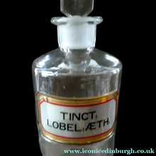 Load image into Gallery viewer, Larger Antique Clear Glass Chemist Bottle. TINCT: LOBEL: AETH with Original Foil Label and Lozenge Stopper
