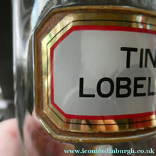 Load image into Gallery viewer, Larger Antique Clear Glass Chemist Bottle. TINCT: LOBEL: AETH with Original Foil Label and Lozenge Stopper
