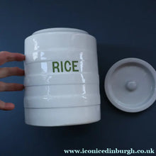 Load image into Gallery viewer, Early 20th Century Antique Grimwades White Hooped Household Jar or Canister. RICE (in green letters)
