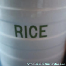 Load image into Gallery viewer, Early 20th Century Antique Grimwades White Hooped Household Jar or Canister. RICE (in green letters)
