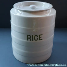 Load image into Gallery viewer, Early 20th Century Antique Grimwades White Hooped Household Jar or Canister. RICE (in green letters)
