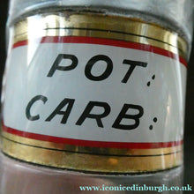 Load image into Gallery viewer, PAIR OF Larger Antique Clear Glass Chemist Bottles with Original Foil Labels and Lozenge Stoppers
