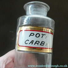 Load image into Gallery viewer, PAIR OF Larger Antique Clear Glass Chemist Bottles with Original Foil Labels and Lozenge Stoppers
