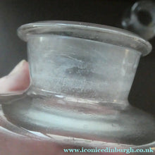 Load image into Gallery viewer, PAIR OF Larger Antique Clear Glass Chemist Bottles with Original Foil Labels and Lozenge Stoppers
