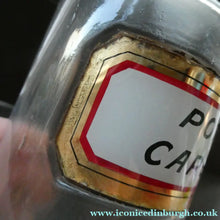 Load image into Gallery viewer, PAIR OF Larger Antique Clear Glass Chemist Bottles with Original Foil Labels and Lozenge Stoppers
