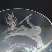 Load image into Gallery viewer, LIMITED EDITION (4 /12). Vintage Caithness SCOTTISH GLASS Rummer / Goblet by Colin Terris (1937 - 2007). Jousting Scene, Fallen Knight
