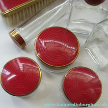 Load image into Gallery viewer, 1950s Red Enamel Topped and Glass Vanity Pots and Bottles. Vintage Glamour
