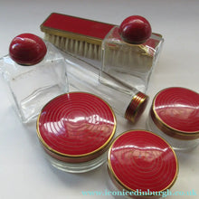 Load image into Gallery viewer, 1950s Red Enamel Topped and Glass Vanity Pots and Bottles. Vintage Glamour
