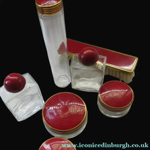 Load image into Gallery viewer, 1950s Red Enamel Topped and Glass Vanity Pots and Bottles. Vintage Glamour
