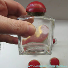 Load image into Gallery viewer, 1950s Red Enamel Topped and Glass Vanity Pots and Bottles. Vintage Glamour
