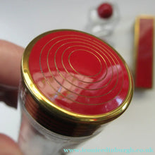 Load image into Gallery viewer, 1950s Red Enamel Topped and Glass Vanity Pots and Bottles. Vintage Glamour
