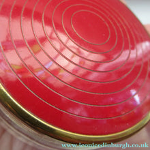 Load image into Gallery viewer, 1950s Red Enamel Topped and Glass Vanity Pots and Bottles. Vintage Glamour
