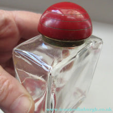 Load image into Gallery viewer, 1950s Red Enamel Topped and Glass Vanity Pots and Bottles. Vintage Glamour
