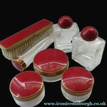 Load image into Gallery viewer, 1950s Red Enamel Topped and Glass Vanity Pots and Bottles. Vintage Glamour
