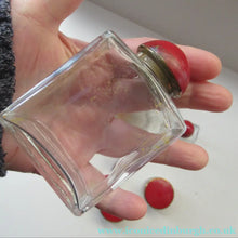 Load image into Gallery viewer, 1950s Red Enamel Topped and Glass Vanity Pots and Bottles. Vintage Glamour
