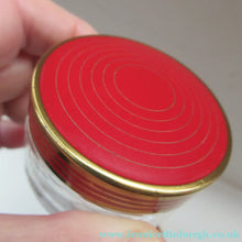 Load image into Gallery viewer, 1950s Red Enamel Topped and Glass Vanity Pots and Bottles. Vintage Glamour
