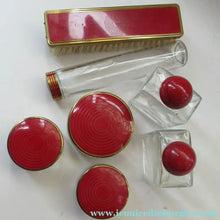 Load image into Gallery viewer, 1950s Red Enamel Topped and Glass Vanity Pots and Bottles. Vintage Glamour

