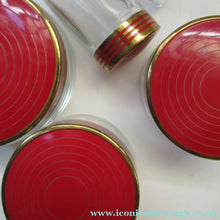 Load image into Gallery viewer, 1950s Red Enamel Topped and Glass Vanity Pots and Bottles. Vintage Glamour
