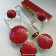 Load image into Gallery viewer, 1950s Red Enamel Topped and Glass Vanity Pots and Bottles. Vintage Glamour
