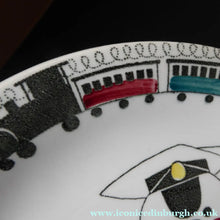 Load image into Gallery viewer, MARIANNE WESTMAN. SWEDISH Plate. Rorstrand TUFF TUFF Plate. Quirky Railway Imagery. Signalman and Trains Around the Rim
