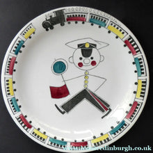 Load image into Gallery viewer, MARIANNE WESTMAN. SWEDISH Plate. Rorstrand TUFF TUFF Plate. Quirky Railway Imagery. Signalman and Trains Around the Rim
