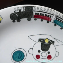 Load image into Gallery viewer, MARIANNE WESTMAN. SWEDISH Plate. Rorstrand TUFF TUFF Plate. Quirky Railway Imagery. Signalman and Trains Around the Rim
