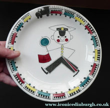 Load image into Gallery viewer, MARIANNE WESTMAN. SWEDISH Plate. Rorstrand TUFF TUFF Plate. Quirky Railway Imagery. Signalman and Trains Around the Rim
