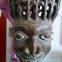 Load image into Gallery viewer, MASSIVE SIZE. Vintage Early / Mid 20th Century Cameroon Bamileke Wooden Helmet Mask with Carved Crocodile Headress
