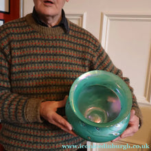 Load image into Gallery viewer, MASSIVE: Stunning 1980s SIGNED John Ditchfield Aqua Green Squat Vase / Bowl with Millefiori Canes. 7 3/4 inches
