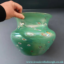 Load image into Gallery viewer, MASSIVE: Stunning 1980s SIGNED John Ditchfield Aqua Green Squat Vase / Bowl with Millefiori Canes. 7 3/4 inches

