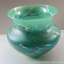 Load image into Gallery viewer, MASSIVE: Stunning 1980s SIGNED John Ditchfield Aqua Green Squat Vase / Bowl with Millefiori Canes. 7 3/4 inches
