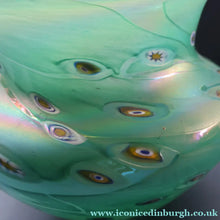 Load image into Gallery viewer, MASSIVE: Stunning 1980s SIGNED John Ditchfield Aqua Green Squat Vase / Bowl with Millefiori Canes. 7 3/4 inches
